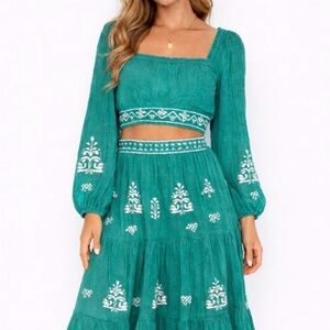 Matching Teal Two-Piece Embroidered Skirt Set